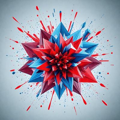 The primary subject of the image is a colorful, geometric design, possibly a painting or digital artwork. The design features a mix of red, blue, and white colors, creating a vibrant and lively atmosphere. The setting or background of the image is a white surface, which provides a clean and uncluttered backdrop for the artwork. The visual style of the image is a combination of digital art and illustration, showcasing the artist's creativity and skill in crafting a visually appealing and